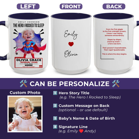 Personalized Supergirl Baby Mug – Custom Name, Photo & Mom’s Message – “The Crib Crusader” Design